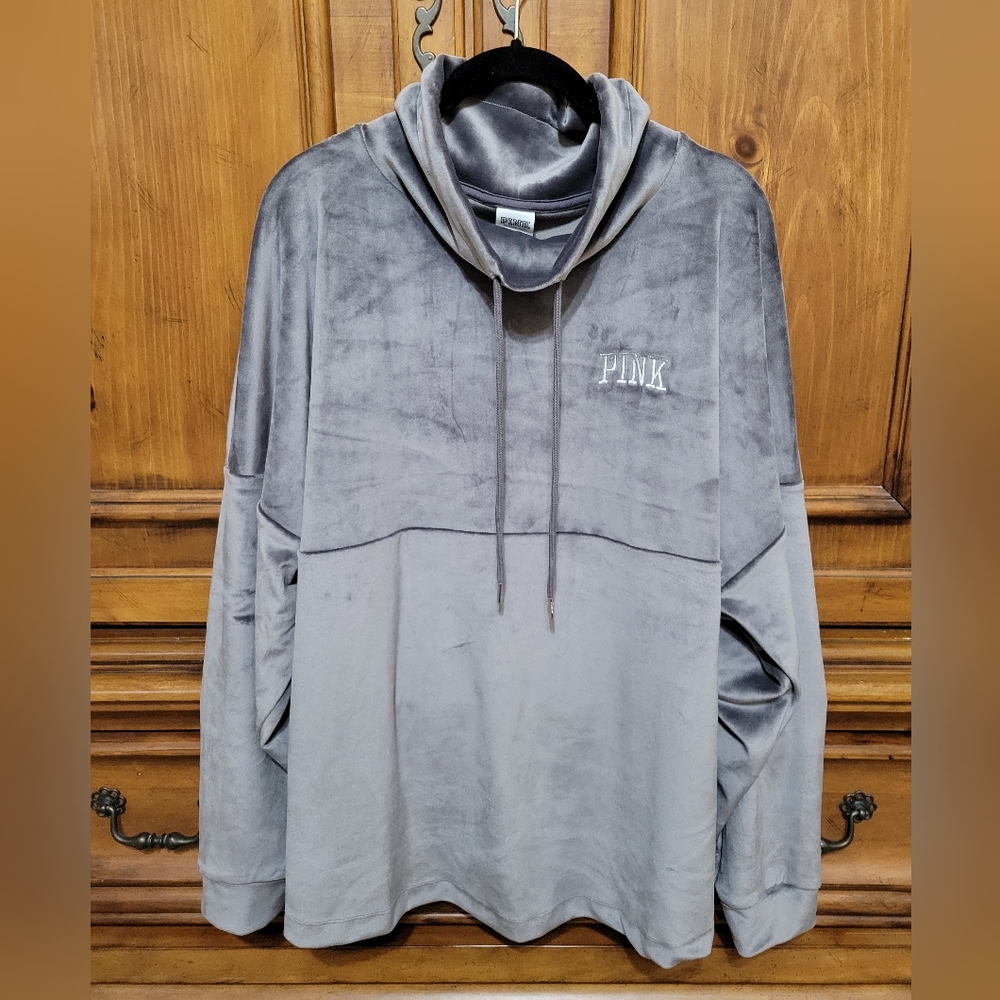 NWT, Victoria's Secret PINK velour cowlneck, silver gray, size Large